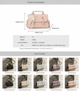 Detailed chart showing PU shoulder bag dimensions, specifications, and available colors