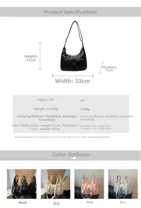Detailed size chart and specifications for the minimalist PU leather half-moon tote bag