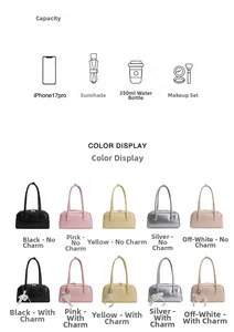 Vue macro de cinq sacs Boston colorés avec détail de pendentif coeur et guide de capacité