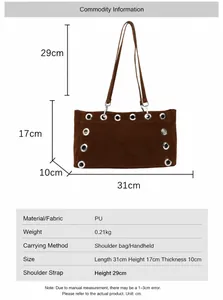 Detailed size chart for the brown matte baguette bag with strap and body dimensions