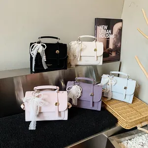 Women Vintage PU Leather Small Square Crossbody Bag Fashion Lace Pearl Bow Handbag Daily Versatile Shoulder Bag For Ladies