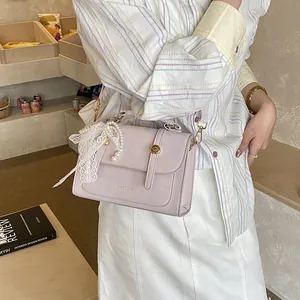 Chic lavender square handbag for women with flap cover and elegant lace pearl charm