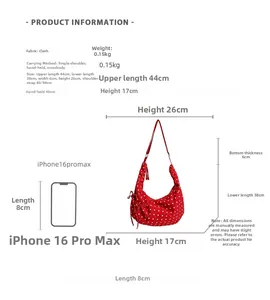 Size chart showing polka dot bag dimensions with iPhone comparison for scale