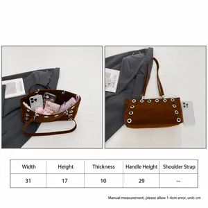 Size chart and capacity detail of brown suede baguette bag with silver grommets and dimensions