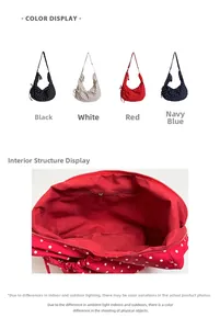 Detailed view of polka dot crescent bag with internal zip pocket and color options