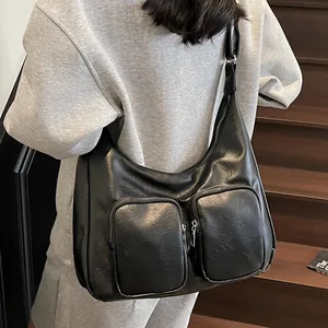 Women Large Capacity PU Leather Hobo Bag With Multiple Front Pockets Casual Trendy Shoulder Crossbody Bag Fashion Tote