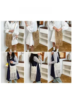 Detail showing various perspectives of a bohemian tassel woven bag in khaki and beige