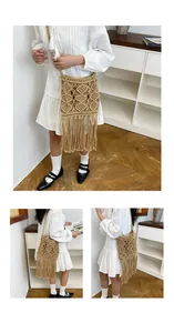 Detail of woven straw bag showing diamond mesh texture and long tassel fringe finish