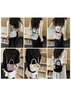 Showcase of six stylish lychee grain bucket bags in various colors on models