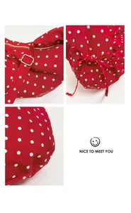 Detail view of red polka dot bag featuring adjustable metal buckle and zipper closure