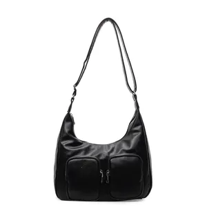 Black large capacity faux leather hobo bag with front zip pockets and adjustable strap