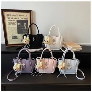 Litchi pattern bucket bag in five colors with metal lock and cute bear charm