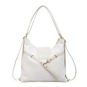Witte vintage gewaxte leren tote rugzak met grote capaciteit en gouden hardware