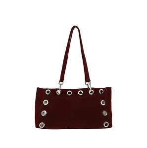 Vintage burgundy frosted suede baguette bag with silver eyelets and shoulder strap