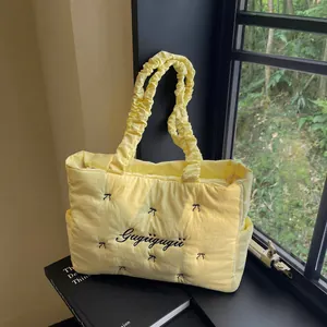 Women Casual Nylon Quilted Tote Bag With Ruffled Shoulder Straps Sweet Bow Letter Embroidery Shoulder Handbag For Daily Commute