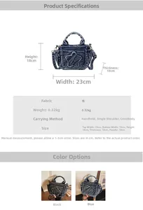 Detailed view of denim tote dimensions: 23cm width, 18cm height with star applique