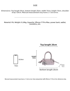 Size chart for pink polka dot bowling bag with dimensions and iPhone size comparison