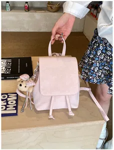 Detailed view of pink mini backpack featuring a drawstring closure and cute bear pendant