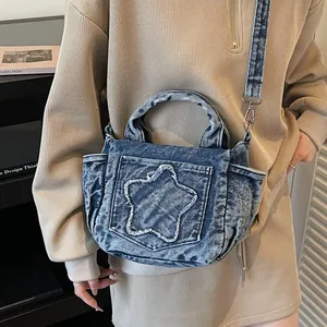 Vintage Washed Denim Tote Bag For Women Large Capacity Star Pattern Casual Shoulder Crossbody Bag Fashion Daily Handbag