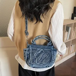 Large capacity denim tote bag with star patch and adjustable strap for women