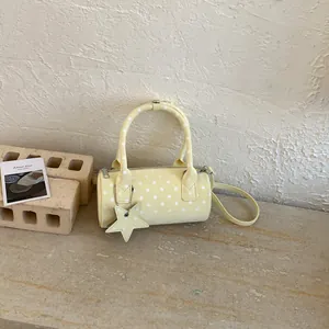 Women Polka Dot Barrel Bag Cute Bowling Handbag Retro PU Leather Crossbody Bag With Star Pendant Top Handle Adjustable Strap
