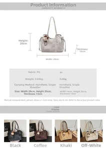 Vue détaillée du sac cabas en cuir PU avec guide des tailles et options de couleurs