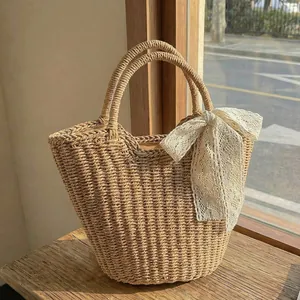 Large Capacity Straw Tote Bag For Women Summer Woven Handbag With Lace Bow Scarf Decoration French Style Beach Commuter Bag