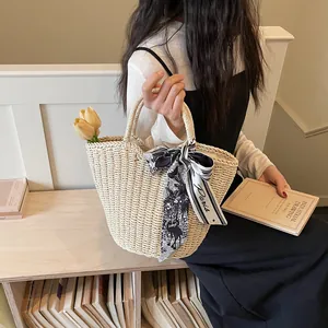 French style straw tote bag with printed silk scarf and tulips for summer daily commute