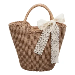 Large capacity straw tote bag with elegant white lace bow detail for daily summer use