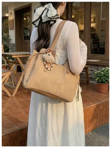Détail d'un sac cabas marron clair avec gaufrage carré et breloque ours en peluche