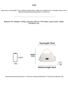 Detailed size chart for beige PU leather handbag with dimensions and capacity guide