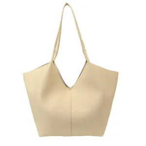 Minimalist beige pebble leather tote bag with large capacity and elegant V-cut top handle