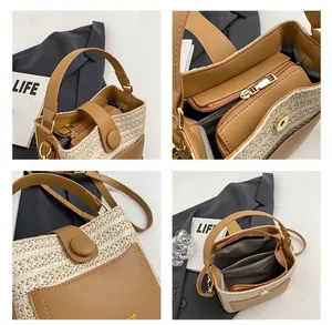 Detail of woven straw bucket bag with brown leather trim and organized interior pockets