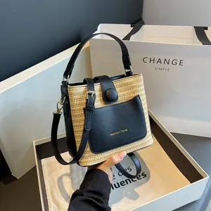 Women Straw Woven Bucket Bag With PU Leather Trim Casual Summer Vacation Handbag Contrast Color Shoulder Bag For Ladies