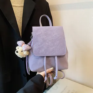 Vintage Women PU Leather Mini Backpack Large Capacity Casual Travel Daypack With Plush Bear Charm Drawstring Flap Bag