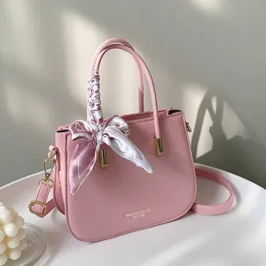 Borsa Quadrata Piccola in Pelle PU da Donna Trama Litchi Con Sciarpa di Raso Decorativa Borsa a Mano e Tracolla per Abbinamento Quotidiano Femminile