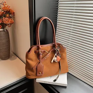 Retro Women Suede Tote Bag Large Capacity Commuter Shoulder Bag With Baseball Pendant Fashion Faux Leather Handbag