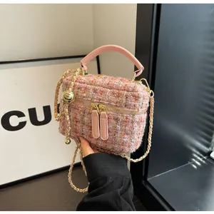 Nahaufnahme der rosa Tweed-Struktur und der goldenen Kettenriemen der Mini-Handtasche