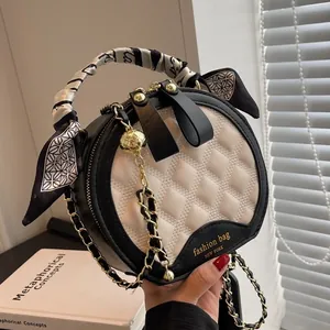 Mode Femmes Sac à Main Rond Matelassé Cuir PU Petit Sac Bandoulière Circulaire Avec Poignée en Foulard Chaîne en Métal