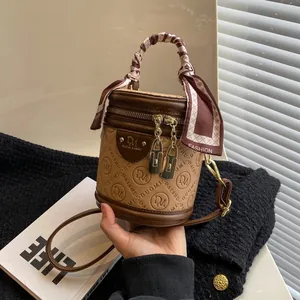 Women Fashion Cylinder Crossbody Bag Embossed PU Leather Bucket Bag With Scarf Handheld Small Round Single Shoulder Bag