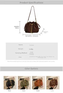 Detailed size specifications and color options for the frosted PU leather bucket bag