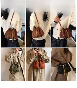 Collage of fashion drawstring bucket bags in multiple colors shown on a model