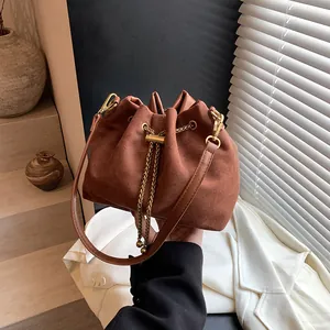 Korean Style Frosted PU Bucket Bag For Women Retro Drawstring Metal Chain Shoulder Crossbody Bag Casual Daily Handbag