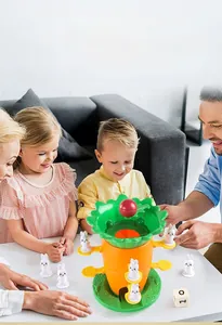 Family playing rabbit carrot balance board game together in a cozy living room scene