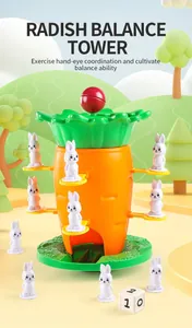 Detailed close-up of Radish Balance Tower toy with cute bunny figures and number dice