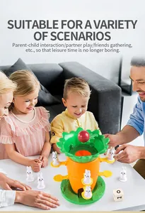 Family playing carrot balance board game with bunny pieces on a modern living room floor