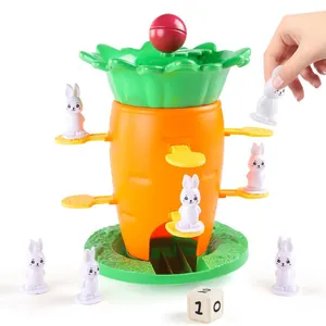 Carrot balance tower game with rabbit figurines and dice for multiplayer kids' logic training