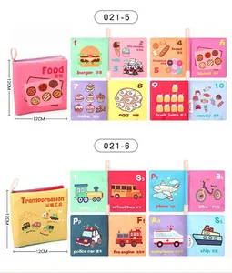 Detailed views of baby soft books featuring colorful food and transport themes for early learning