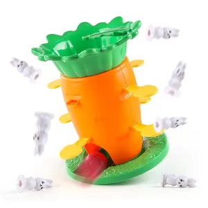 Carrot balance tower game for kids featuring bouncing bunnies and interactive play base