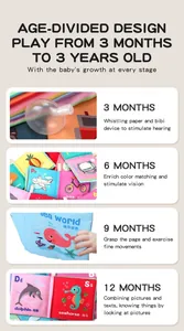 Infant cloth book details showing crinkle paper, rich colors and bilingual animal words